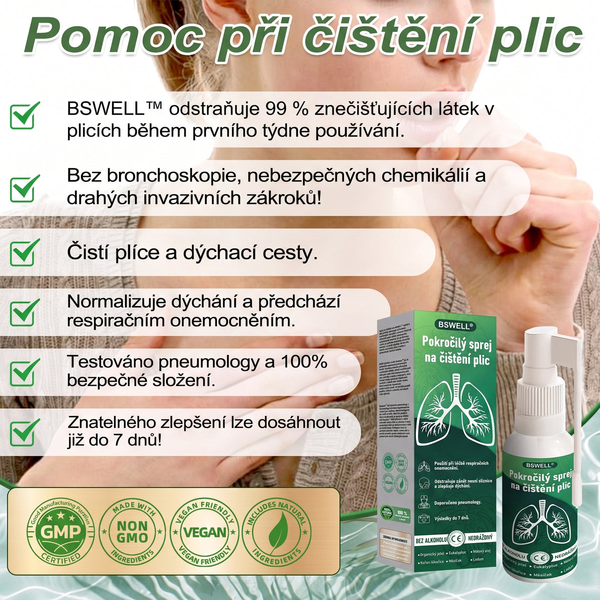 🍀BSWELL® Pokročilý sprej na čištění plic -✅ Podporuje zdraví plic, průdušek a dutin, napomáhá zdraví dýchacího systému a usnadňuje dýchání.